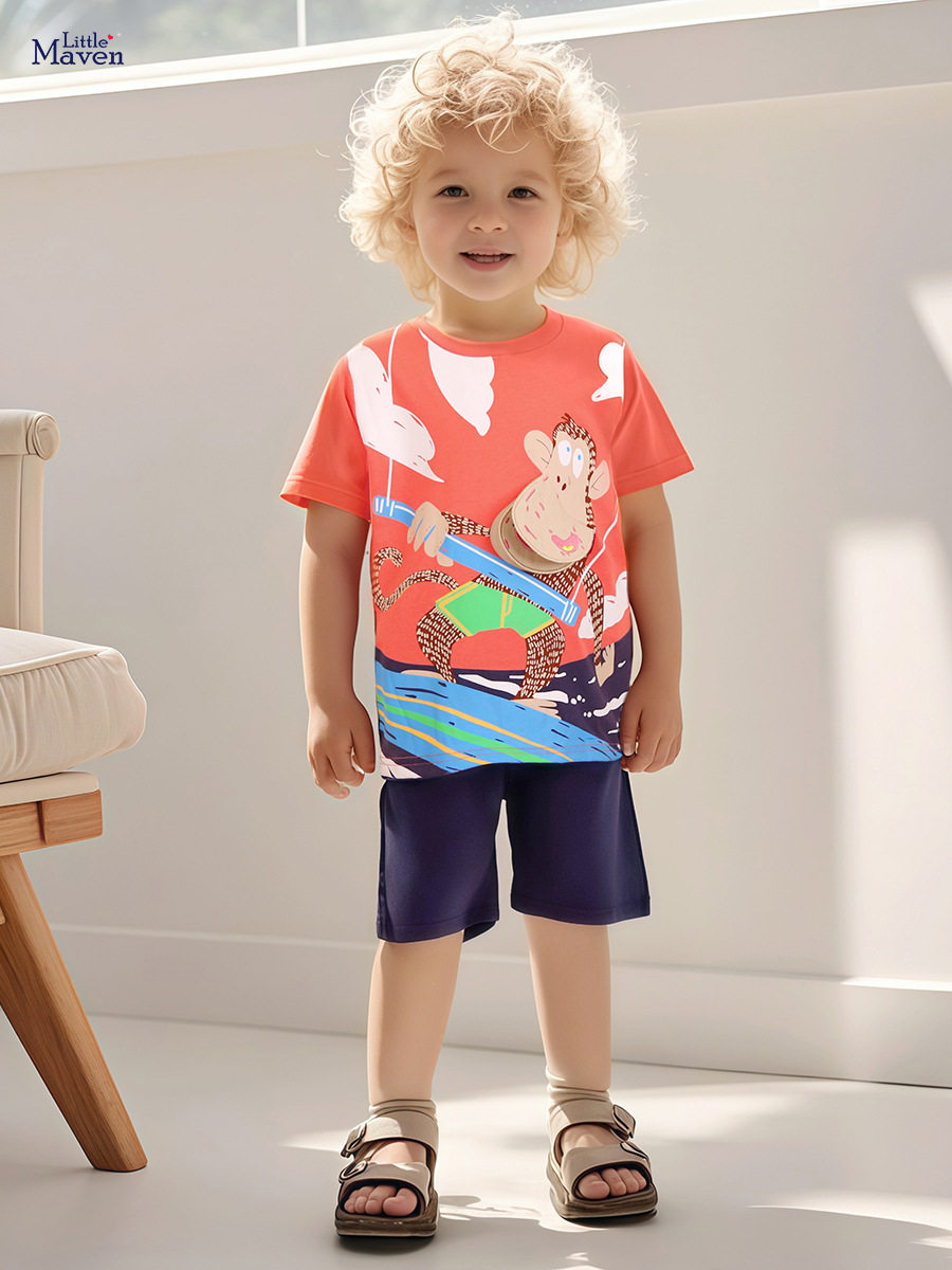 Nouvel ensemble enfant imprimé dessin animé, vêtements enfants manche courte été, ensemble garçon coton