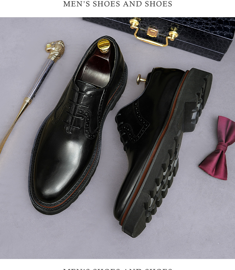 Giày Oxford nam da bò đế dày chạm khắc brogue mũi tròn — màu đen, Màu be