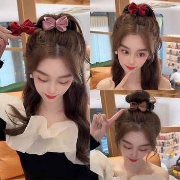 Velvet bow ball head grip Maillard autumn and winter high ponytail claw clip fixed artifact high Skull top hairpin for women
