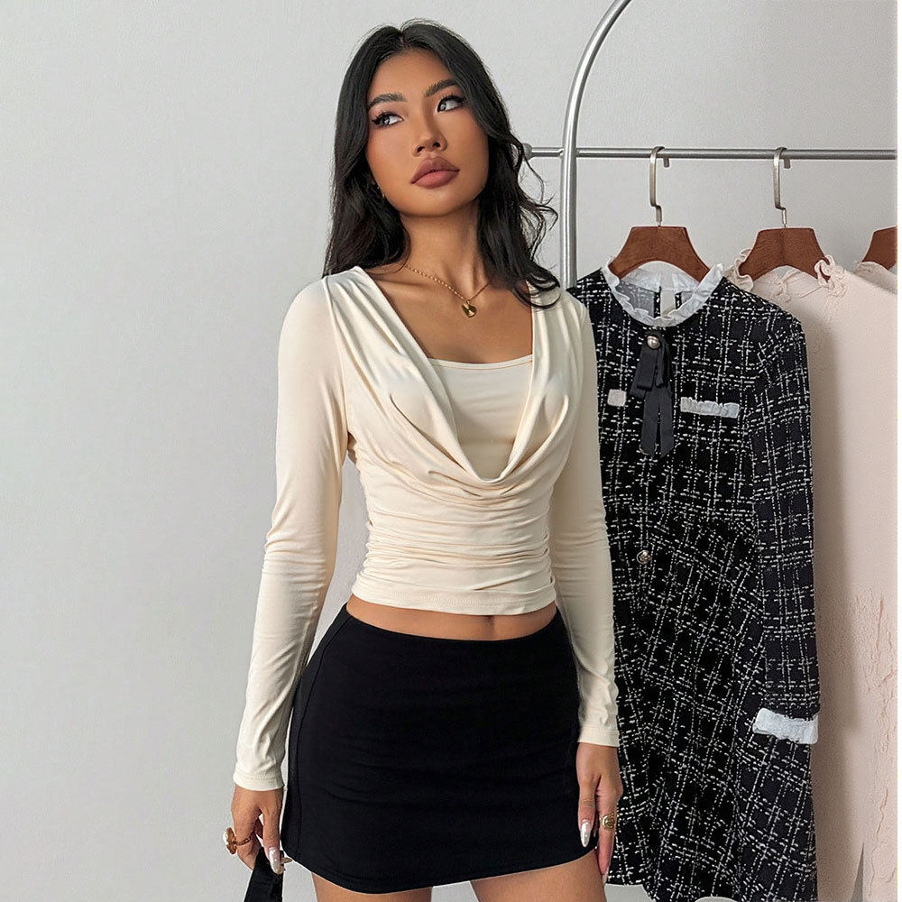 Y2K Style Short Knit Top Slim Fit Flowy Neckline Long Sleeve Spring Summer Casual Wear Wholesale Available