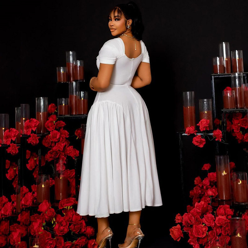 Elegant A Line Maxi Dress V Neck Short Sleeve Pleated Backless Perfect for Evening Events Wholesale Available