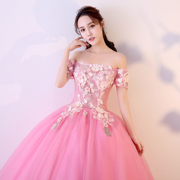 Váy Dạ Hội Dáng Xòe Hở Vai Dự Tiệc Biểu Diễn Màu Hồng