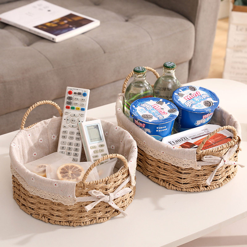 Woven Storage Basket with Handle Imitation Rattan Living Room Coffee Table Storage Basket Straw Sundries Snacks Cosmetics Storage Box