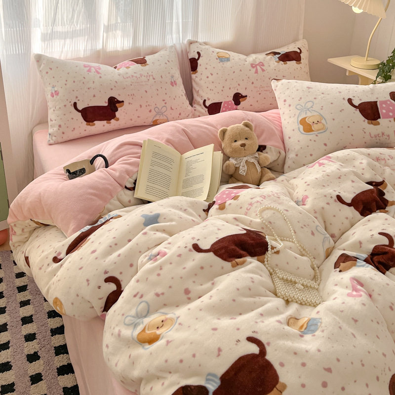 Fresh thickened milk velvet four-piece set Winter double-sided fleece-lined warm coral velvet quilt cover flannel three-piece set