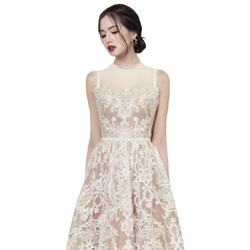 Đầm maxi nữ ren trắng không tay cổ tròn eo cao — Trắng