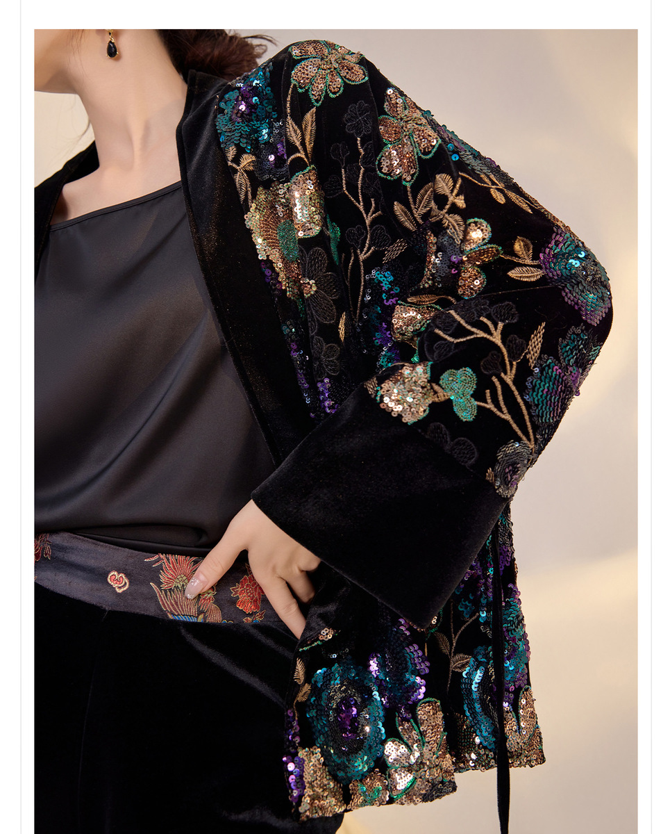 Áo khoác nữ thêu hoa đính sequin dáng ngắn cổ chữ V — Iris tím (giao hàng trong 7 ngày), Iris tím (phát hành cùng ngày)