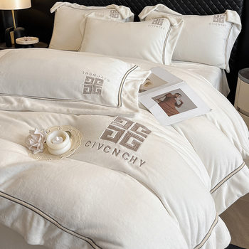 Class A milk velvet four-piece bed coral velvet quilt cover winter warm thick double-sided velvet flannel non-running quilt