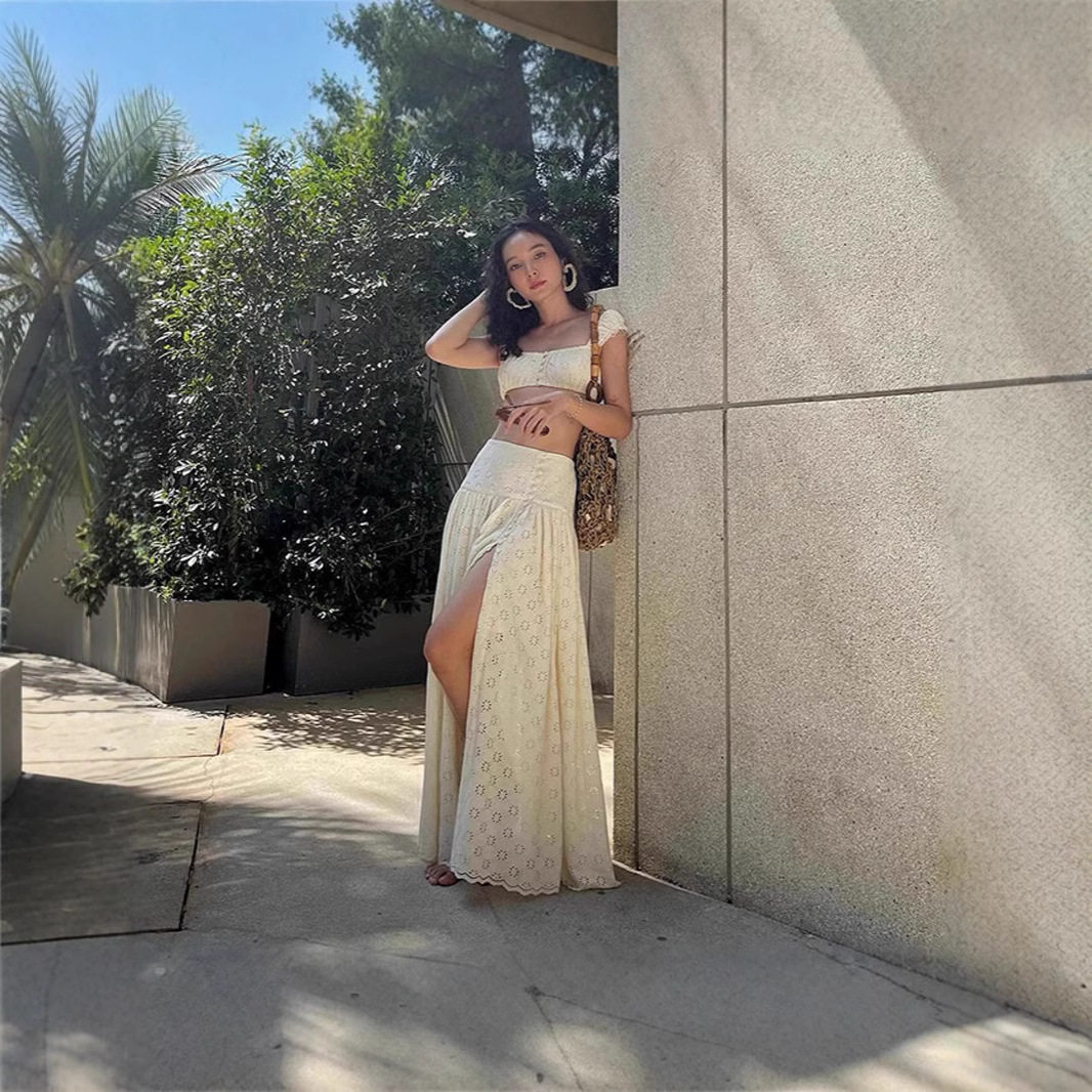 French Style Crop Top and High Waisted Skirt Set Slim Fit Sleeveless Beach Vacation Ready Wholesale Available