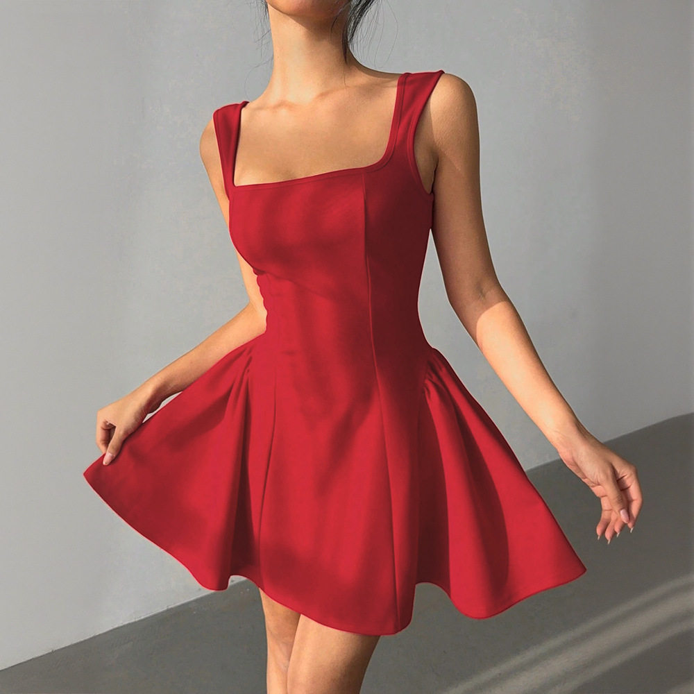 Red A Line Dress Fitted Square Neck Backless Short Hem Spring Summer Fashion Wholesale Available