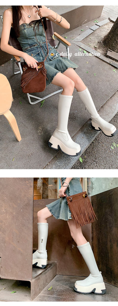 Boot nữ cổ cao ôm bắp chân gót vuông 9cm tăng chiều cao, đế dày chống trượt — Da sáng chế màu đen lót nhung ống nhỏ, Lót nhung ống nhỏ màu be, Màu đen bằng sáng chế da ống nhỏ bên trong, Màu đen da bò ống nhỏ lót một lớp
