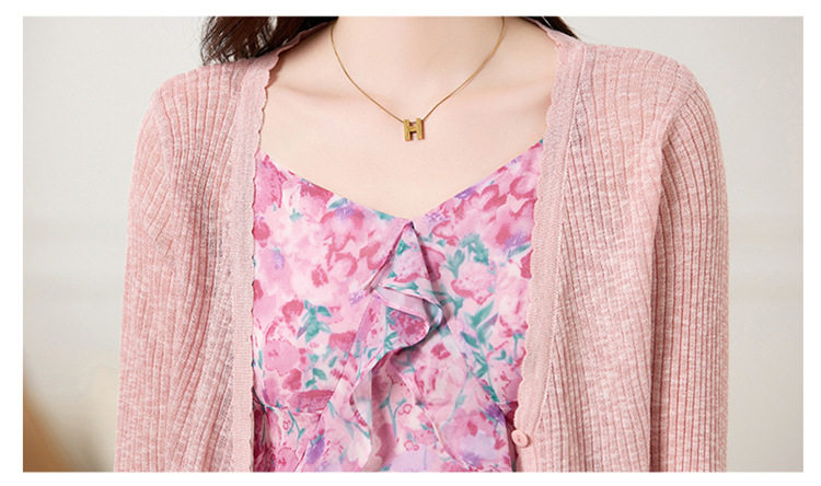 Set Áo Khoác Cardigan Dệt Kim Và Đầm Hai Dây Xòe Họa Tiết Hoa Phong Cách Thanh Lịch Màu Hồng, Xanh chi tiết 29