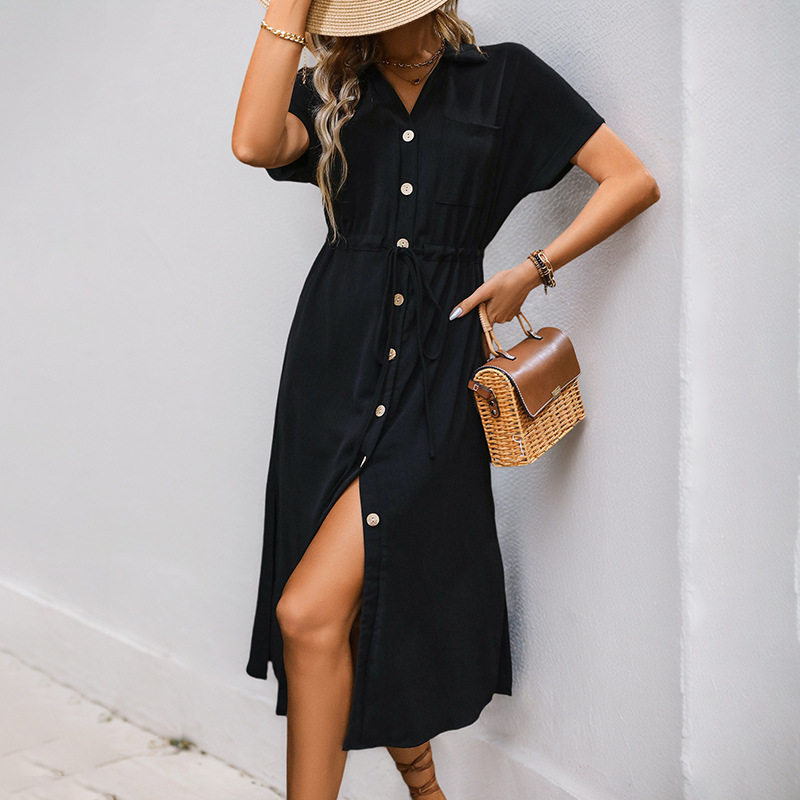 Summer Casual Shirt Dress Pocket Design Minimalist Style Solid Color Perfect for Everyday Wear Wholesale Available