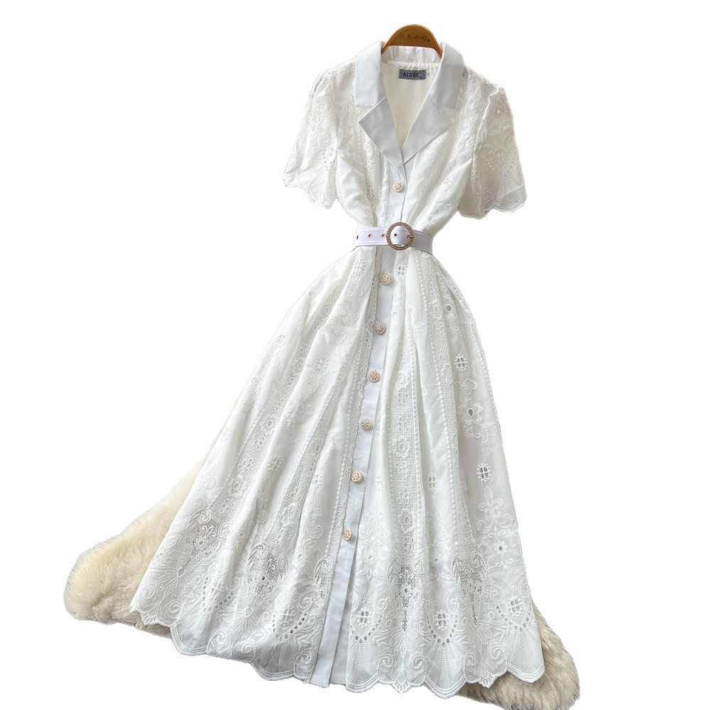 French Romantic Lace Hollow Out Dress Short Sleeve Slim Fit A Line Summer Office Wear Wholesale Available