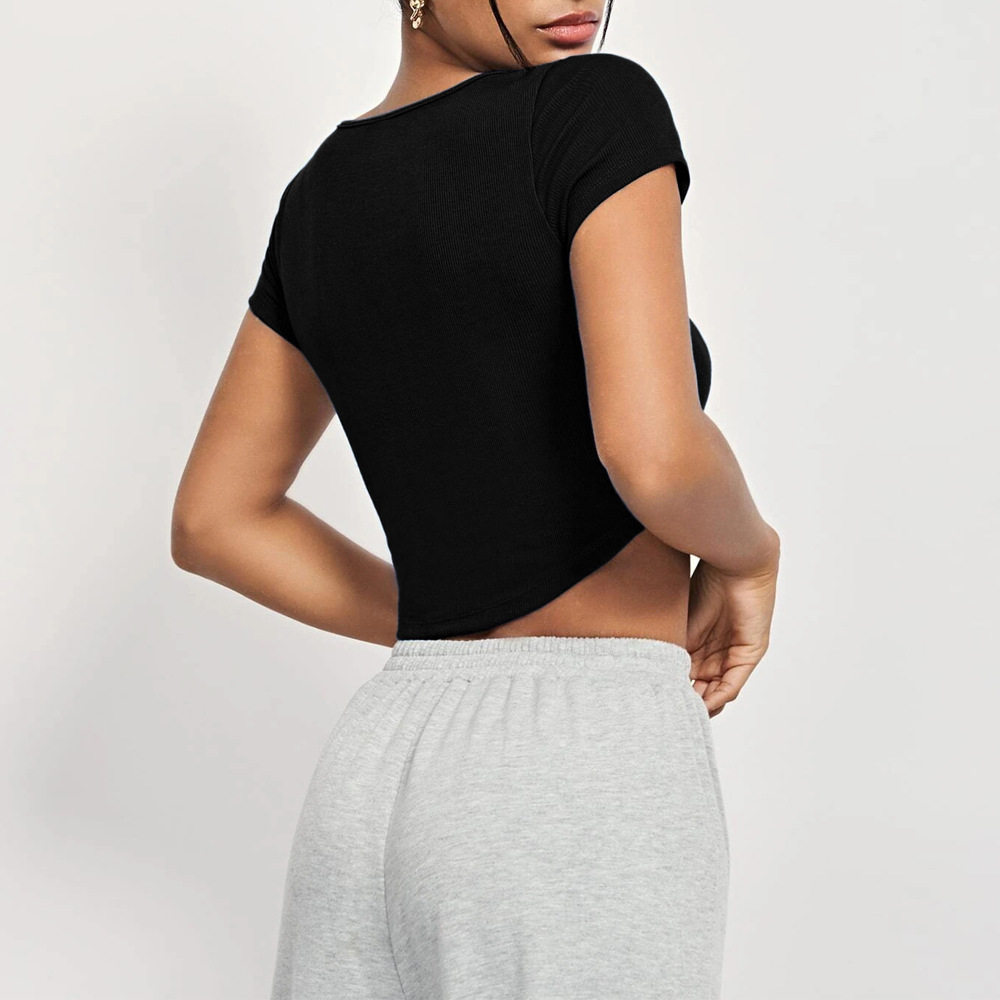 Slim Fit Short Sleeve Knitted T Shirt Square Neck Irregular Hem Casual Style Summer Womens Activewear Wholesale