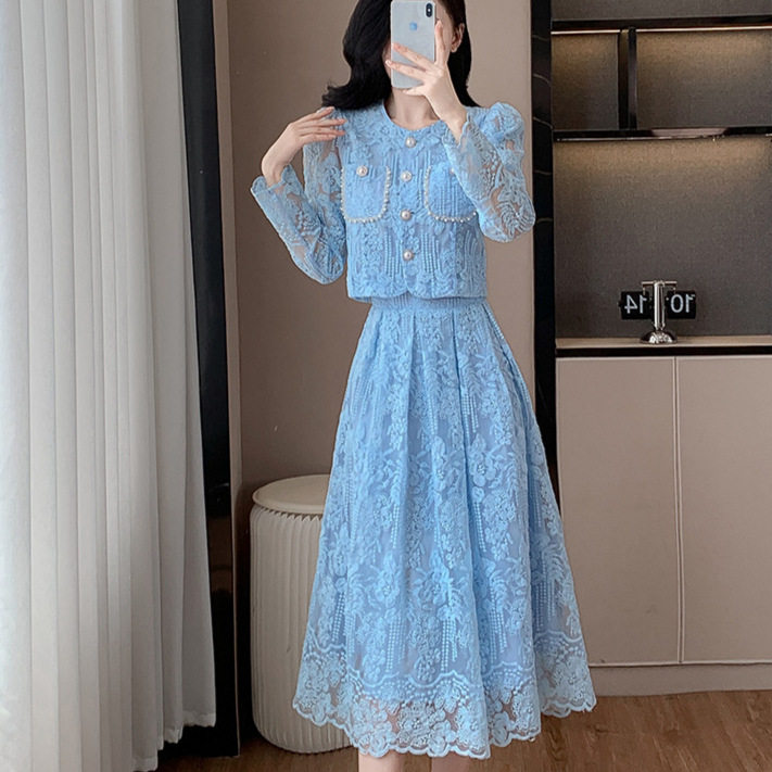 Chic French Style Embroidered Sheer Blouse with Round Neck High Waist Slimming Midi Skirt Set Elegant Casual Wear