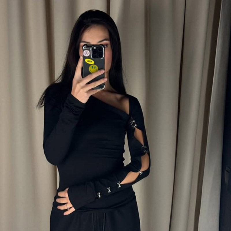 Womens Long Sleeve Slim Fit Top Solid Color Asymmetrical Shoulder Hollow Out Design Spring Fashion OEM Available