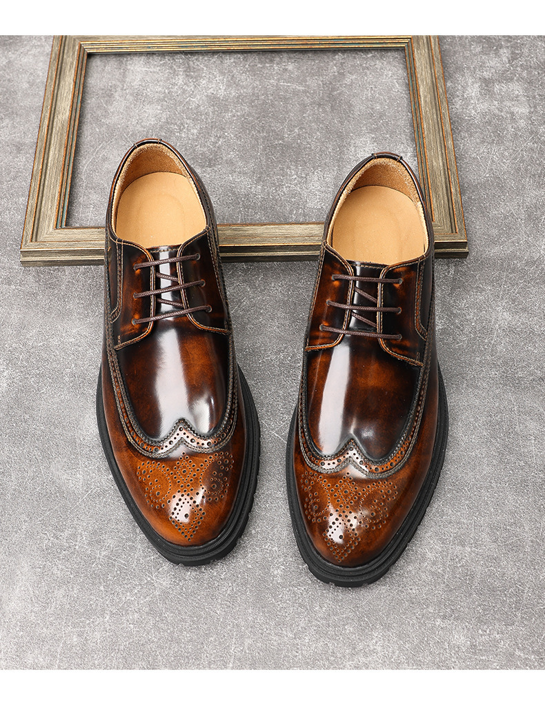 Giày Oxford nam da bò thật bề mặt bóng, đế cao su dày, kiểu brogue lịch lãm — Màu đen, Màu vàng nâu