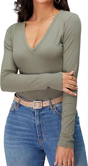 跨境亚马逊新款欧美爆款螺纹坑条修身长款长袖性感V领休 闲女T