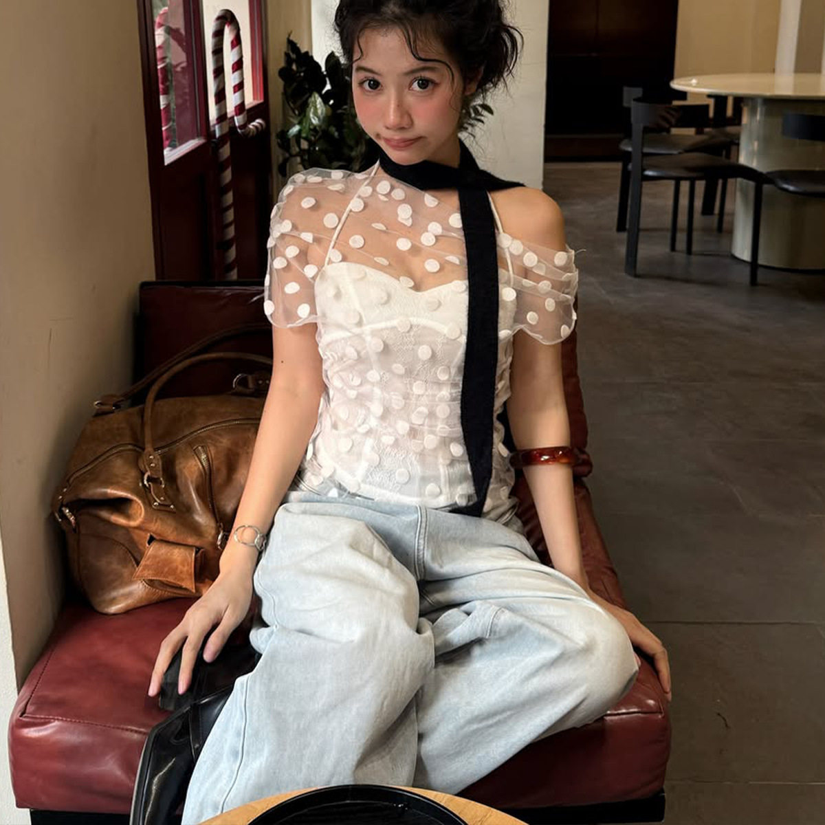 Spring Womens Fashion Sexy Off Shoulder Sheer Mesh Top Halter Neck Tank Set Casual Chic Style Wholesale Available