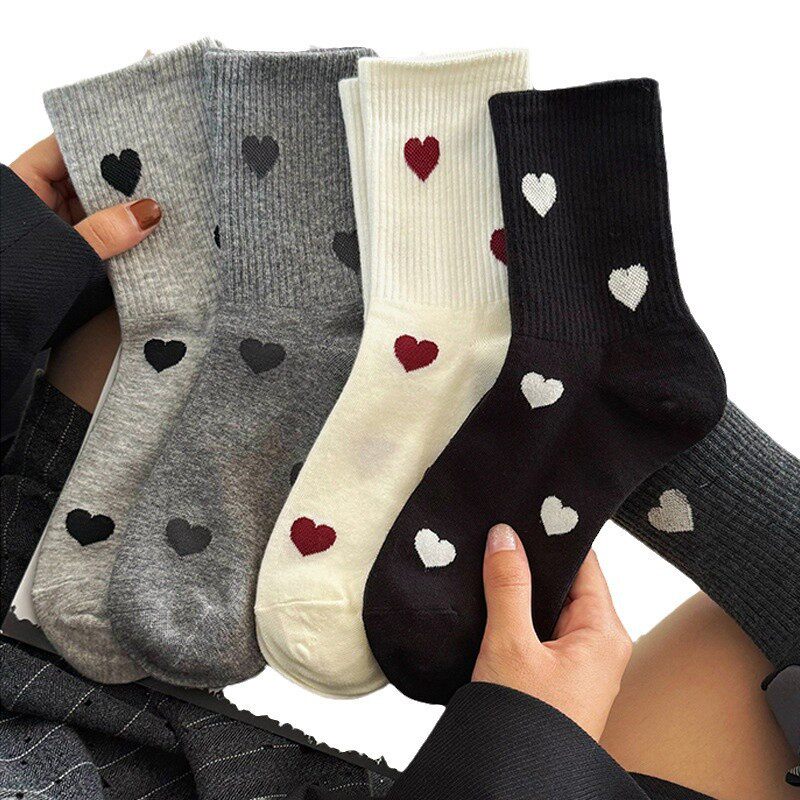 秋冬袜子女中筒袜日系女士中腰格雷系蝴蝶结长袜灰色系爱心中筒袜