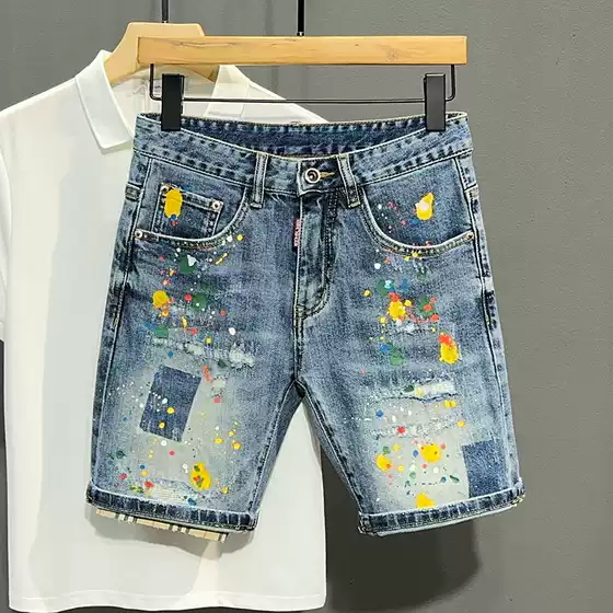 Men's Summer Washed Blue Distressed Denim Shorts, Hip-Hop American Style with Splatter Paint Graffiti, Slim Fit Mid-Length