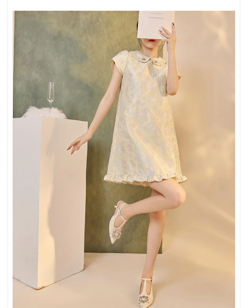 Đầm liền họa tiết jacquard cổ búp bê tay ngắn dáng chữ A — Phô mai vàng (giao hàng trong 7 ngày), Phô mai vàng (giao hàng trong ngày)