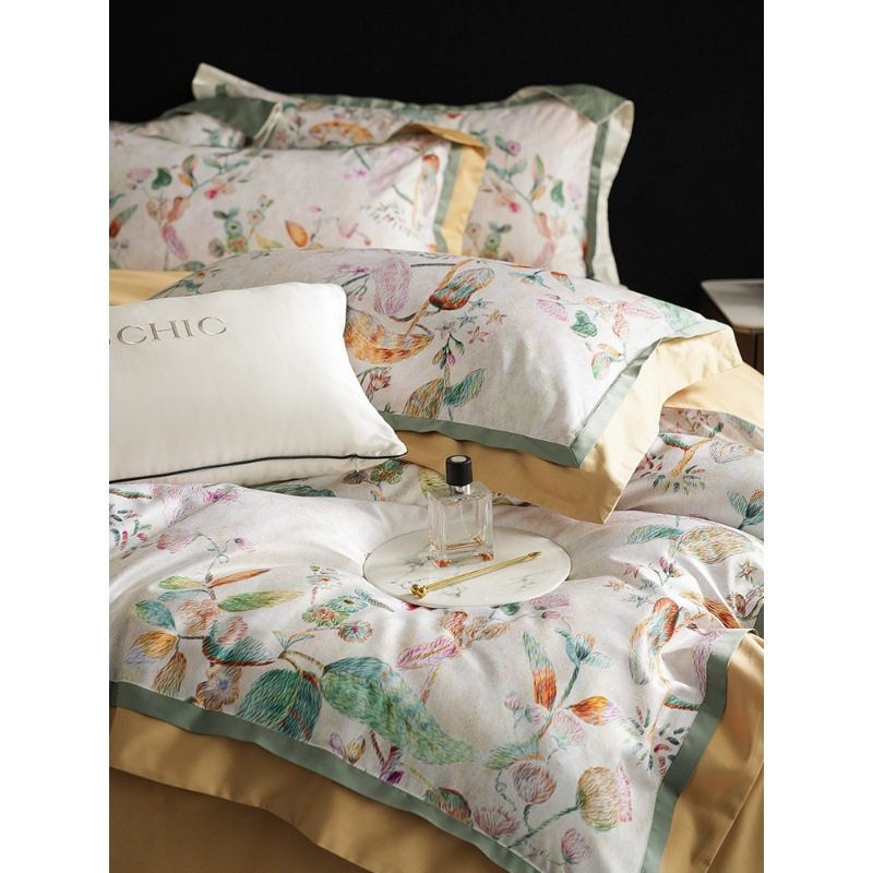 American Style Satin Cotton Four-Piece Set with Colorful Floral Digital Printing Pure Cotton Quilt Cover Bed Sheets Bedding 1.8