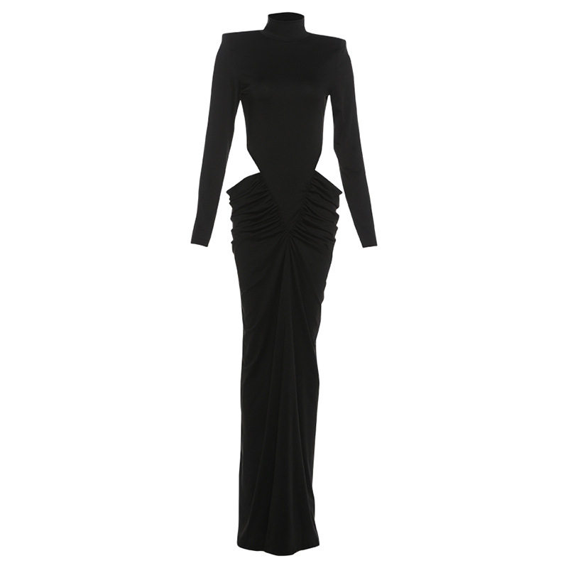 High Neck Long Sleeve Dress Solid Color Ruffled Design Hollow Out Elegant Style Perfect for Autumn and Winter