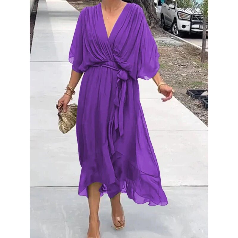 Batwing Sleeve Irregular Maxi Dress Solid Color Plus Size Elegant Design Perfect for Casual or Formal Occasions