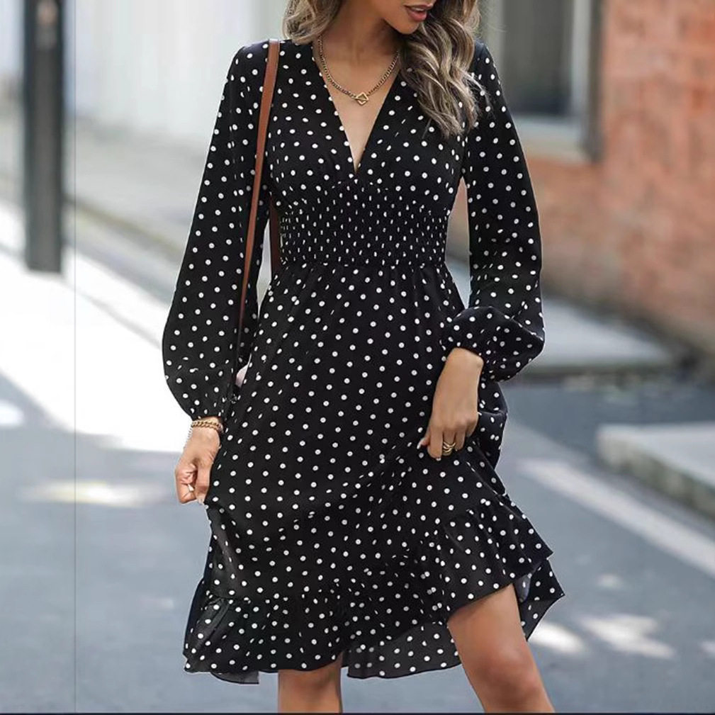 Polka Dot V Neck Dress Waist Defining Elegant Spring Summer Fall Style Wholesale Available customizable