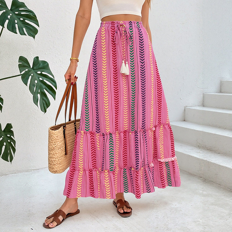 Bohemian Striped Print Skirt Summer Vacation Style Drawstring Tassel Details Lightweight Fabric Wholesale Available