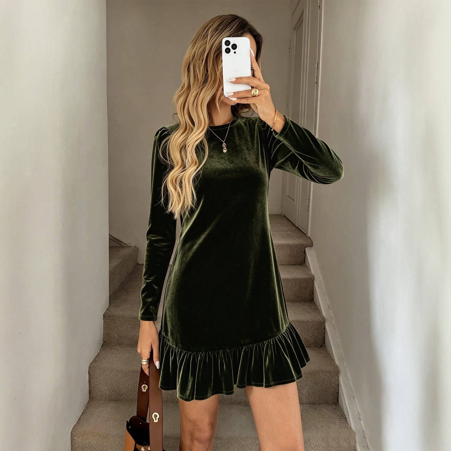 Velvet Long Sleeve Dress for Women Round Neck Slim Fit Ruffled Hem Perfect for Parties and Events Wholesale