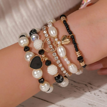 Cross-Border European and American 5-Piece Bracelet Set, Imitation Pearl Handmade Beaded Women's Bohemian Fashion Oil-Drip Peach Heart Bracelet for Women