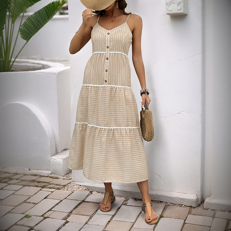 Layered Striped Midi Dress French Vacation Style Sleeveless Comfortable Fabric Perfect for Summer Getaways