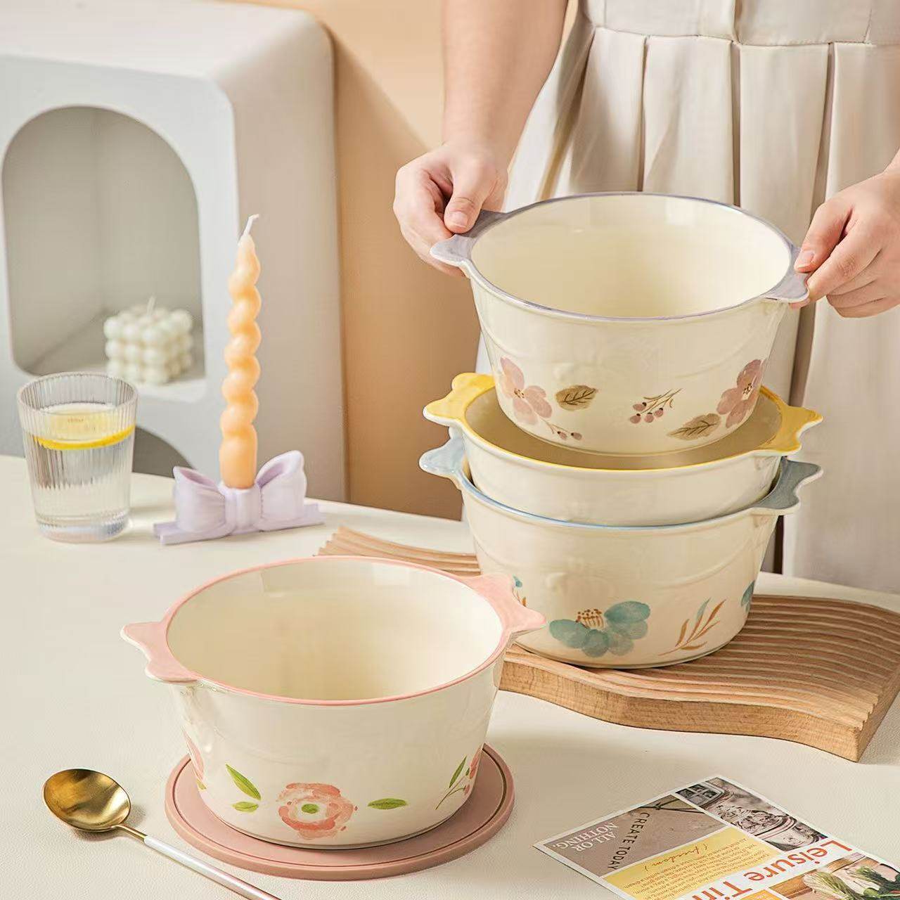 High-Capacity Ceramic Bowl with Good Looks, Instant Noodle Bowl, Ins Style Household Popular Snail Noodle Double-Eared Soup Bowl, Salad Bowl