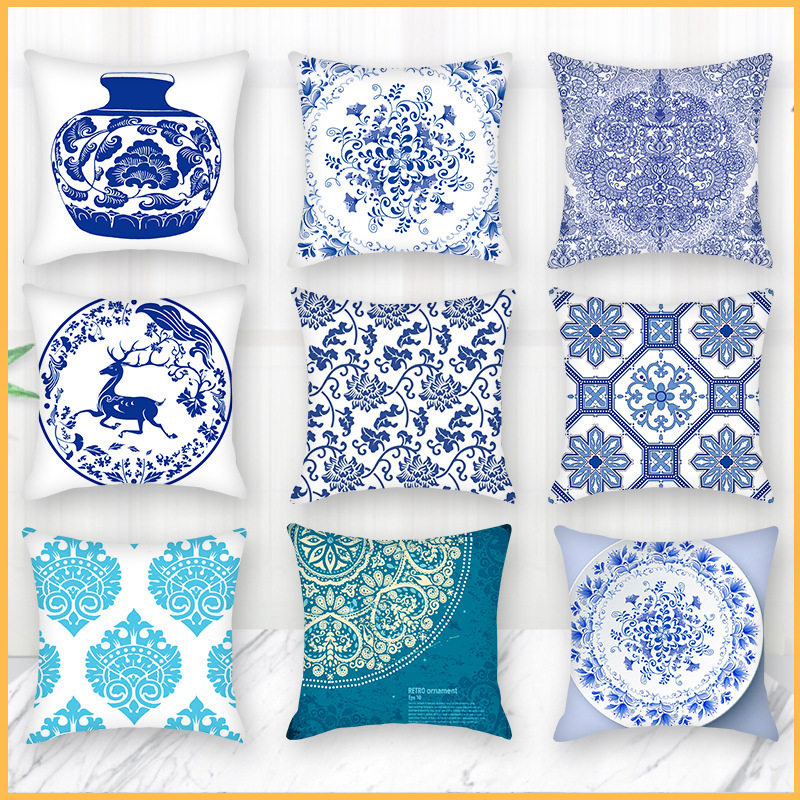 Cross-Border Amazon Modern Blue and White Porcelain Series Sofa Cushion Pillowcase Headboard Bedroom Backrest Pillow Soft Decoration