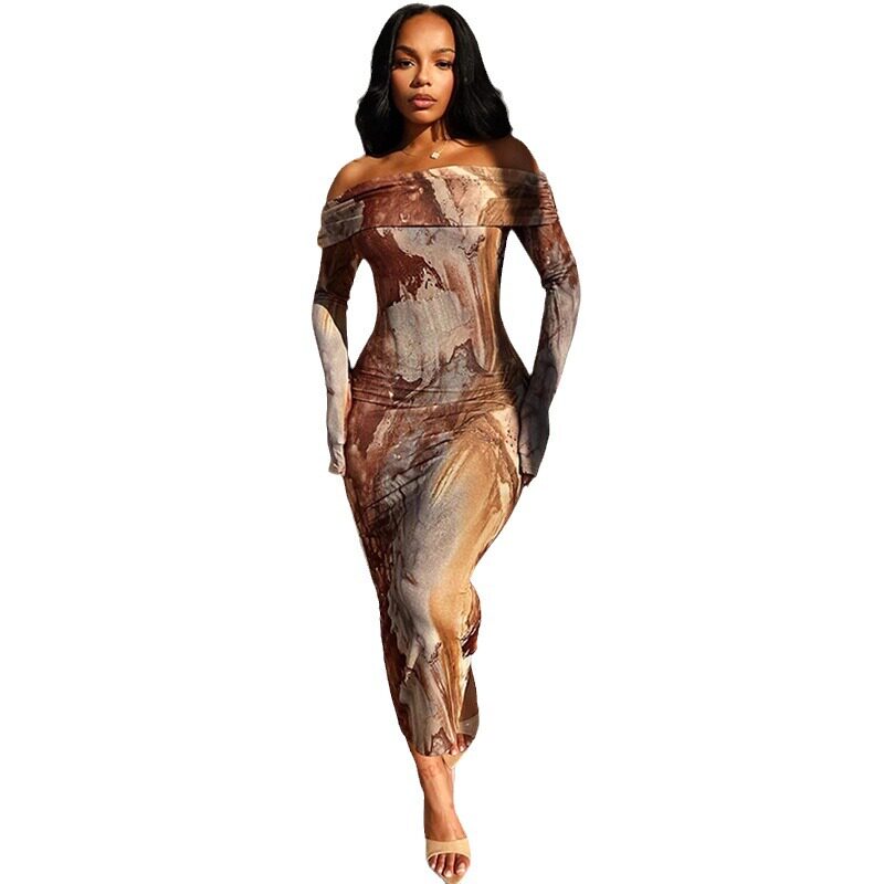 Vintage Floral Print Off Shoulder Long Sleeve Bodycon Dress Double Layer Collar Sexy Fit Perfect for Parties and Events