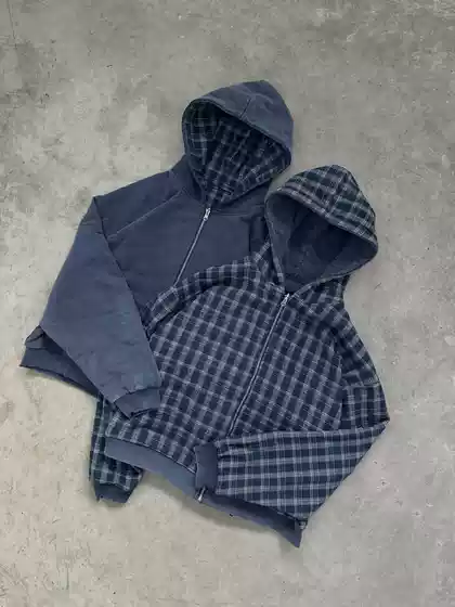Cross-Border European and American Ins-Style Unique Plaid Reversible Hooded Sweatshirt Long-Sleeve Pullover Retro Jacket Street Fashion