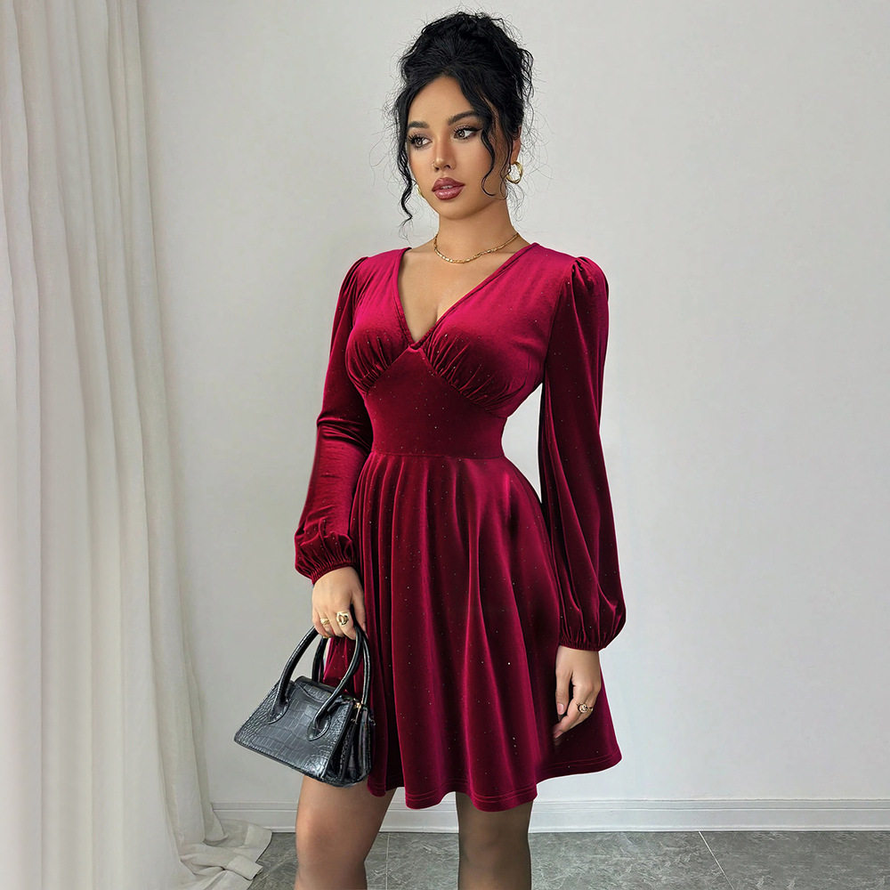 Vintage Style Burgundy Velvet A Line Dress V Neck Lantern Sleeves Slim Fit Ruffled Cocktail Party Evening Wear