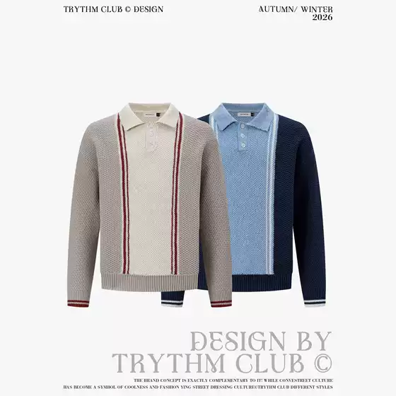 TRYTHMCLUB designs a classic sweater with a polo collar, featuring a sophisticated color-blocked knit and a faux two-piece style, embodying the "old money" aesthetic