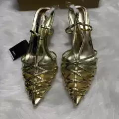 Za2025 New Summer Style French Golden Pointed Toe Braided Cut Out Stiletto Heels Mules with Back Strap Women's Shoes