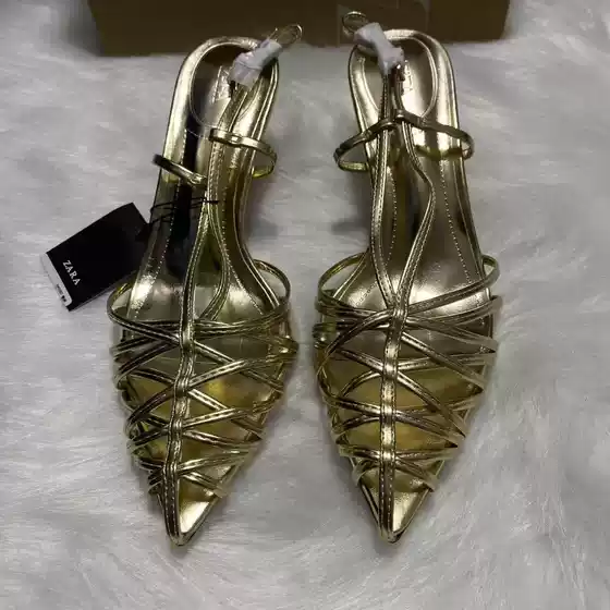 Za2025 New Summer Style French Golden Pointed Toe Braided Cut Out Stiletto Heels Mules with Back Strap Women's Shoes