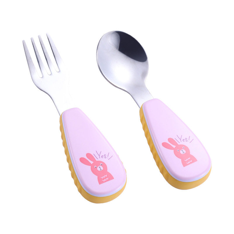 Baby Eating 304 Portable Tableware Kidsren's Fork and Spoon Short Handle Training Spoon Cute Stainless Steel Set Food Grade