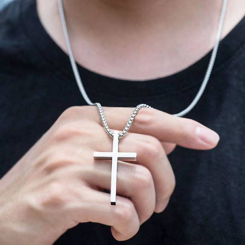 Cross-border European and American New Titanium Steel Cross Necklace Men's Trendy All-match Stainless Steel Cross Pendant Woolen Chain Accessories