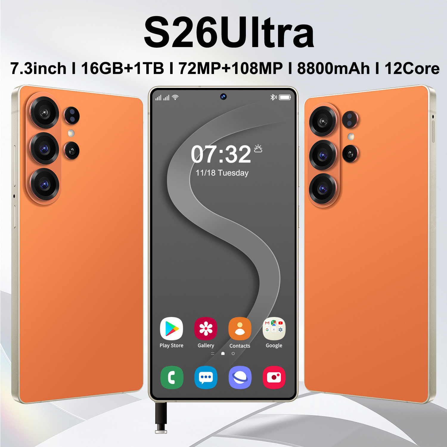 S26 Ultra สมาร์ทโฟนข้ามพรมแดน 7.3 นิ้ว Android รองรับแหล่ง N...