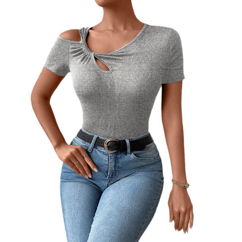 Womens Fashionable Short Sleeve T Shirt Asymmetrical Design Off Shoulder Neckline Lightweight Fabric Spring Summer