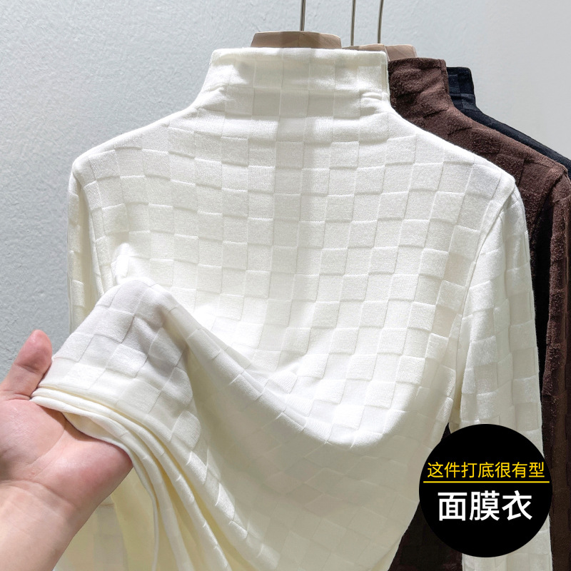 欧货半高领格子提花t恤女2025秋冬新款洋气加绒内搭打底衫上衣潮