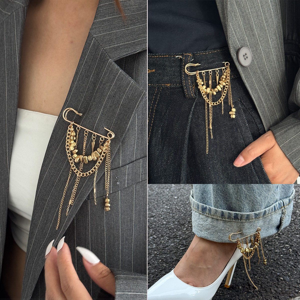 European and American Cross-Border Jewelry, Fashionable Asymmetrical Ccb Tassel Chain Brooch, Niche Design Multifunctional Trouser Chain Pendant