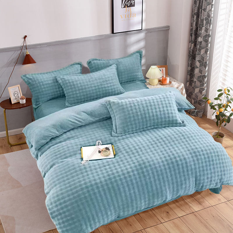 Winter Bubble Milk Velvet Four-piece Set fleece-lined Quilt Cover Bed Sheet Pillowcase Single Double Thickened Plush Quilt Cover Three-piece Set