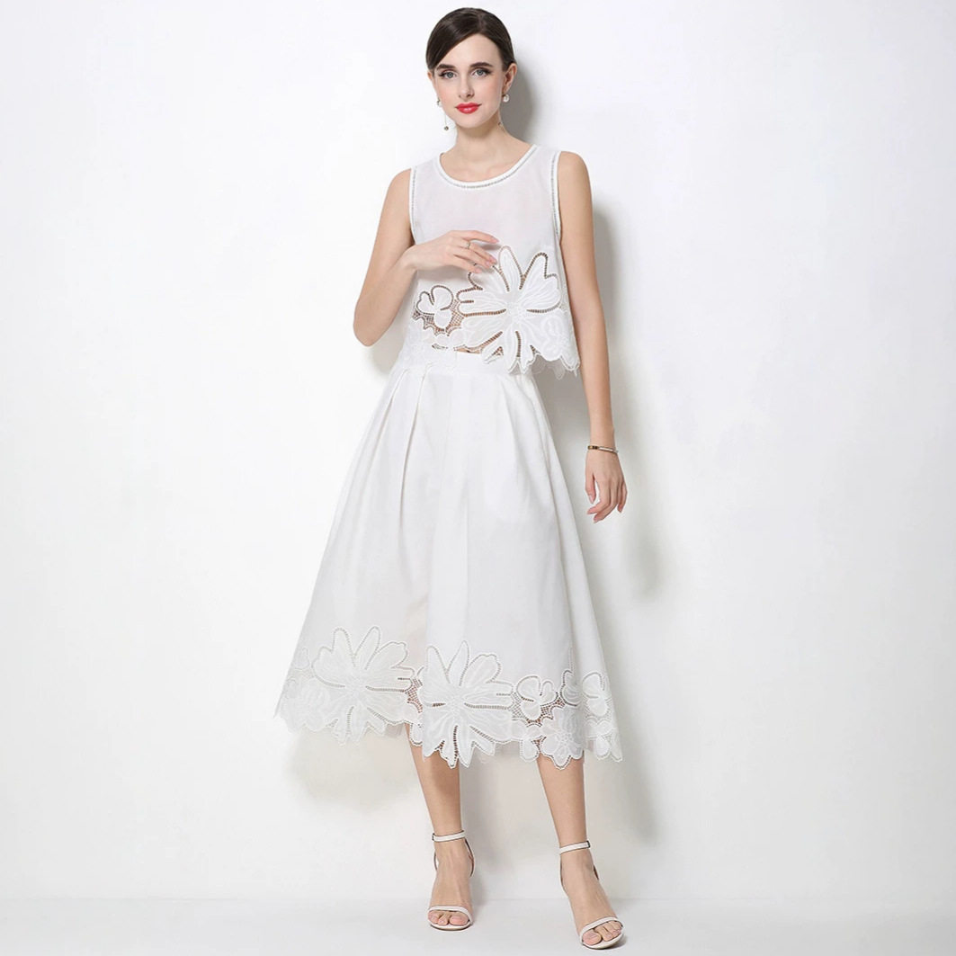 Floral Lace Hollow Vest and Skirt Set Slim Fit Elegant Design Summer Style Perfect for Office Wear Wholesale